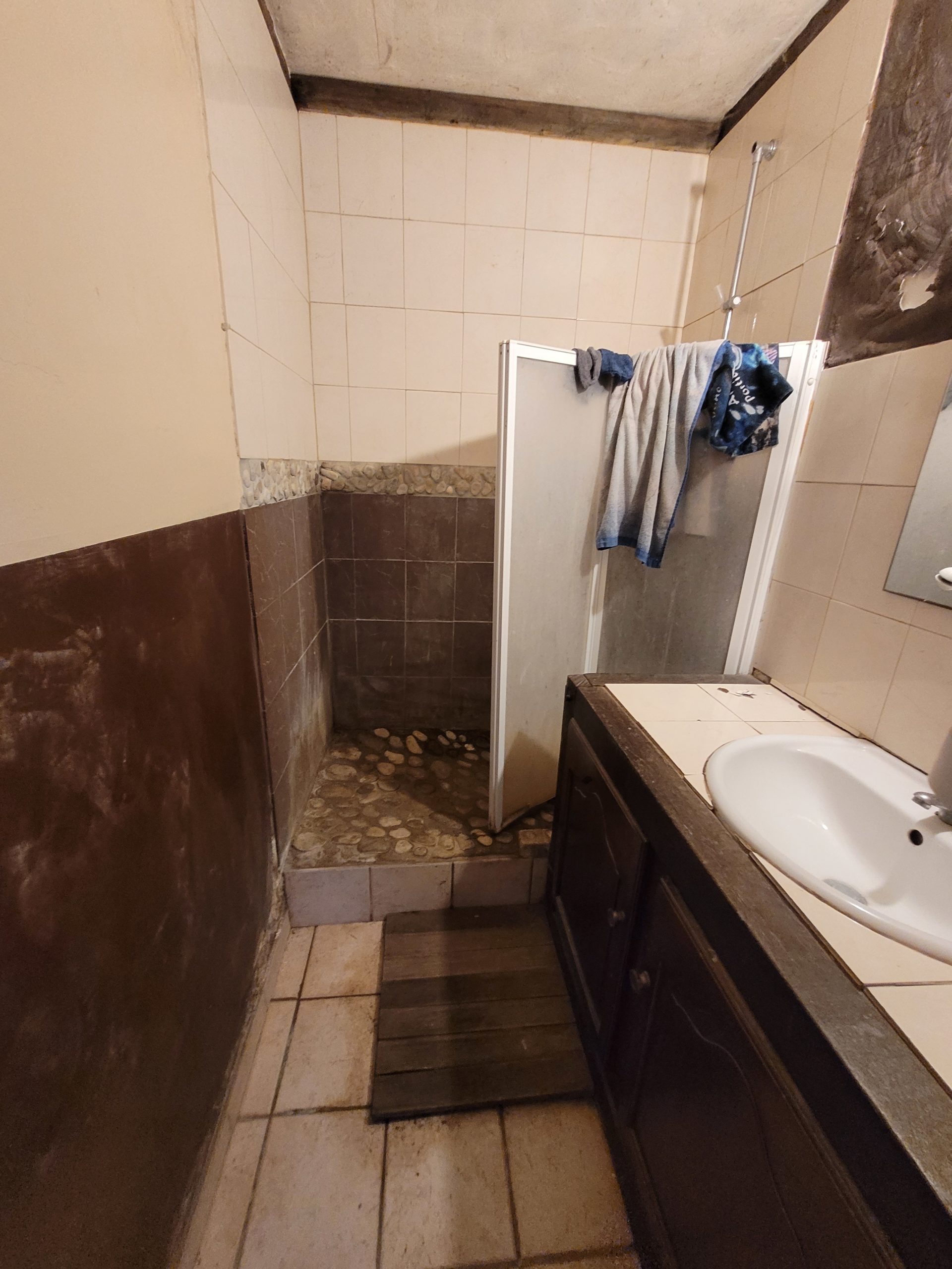 Photo d'une salle de bain avant rénovation avec une douche et des galets marron.