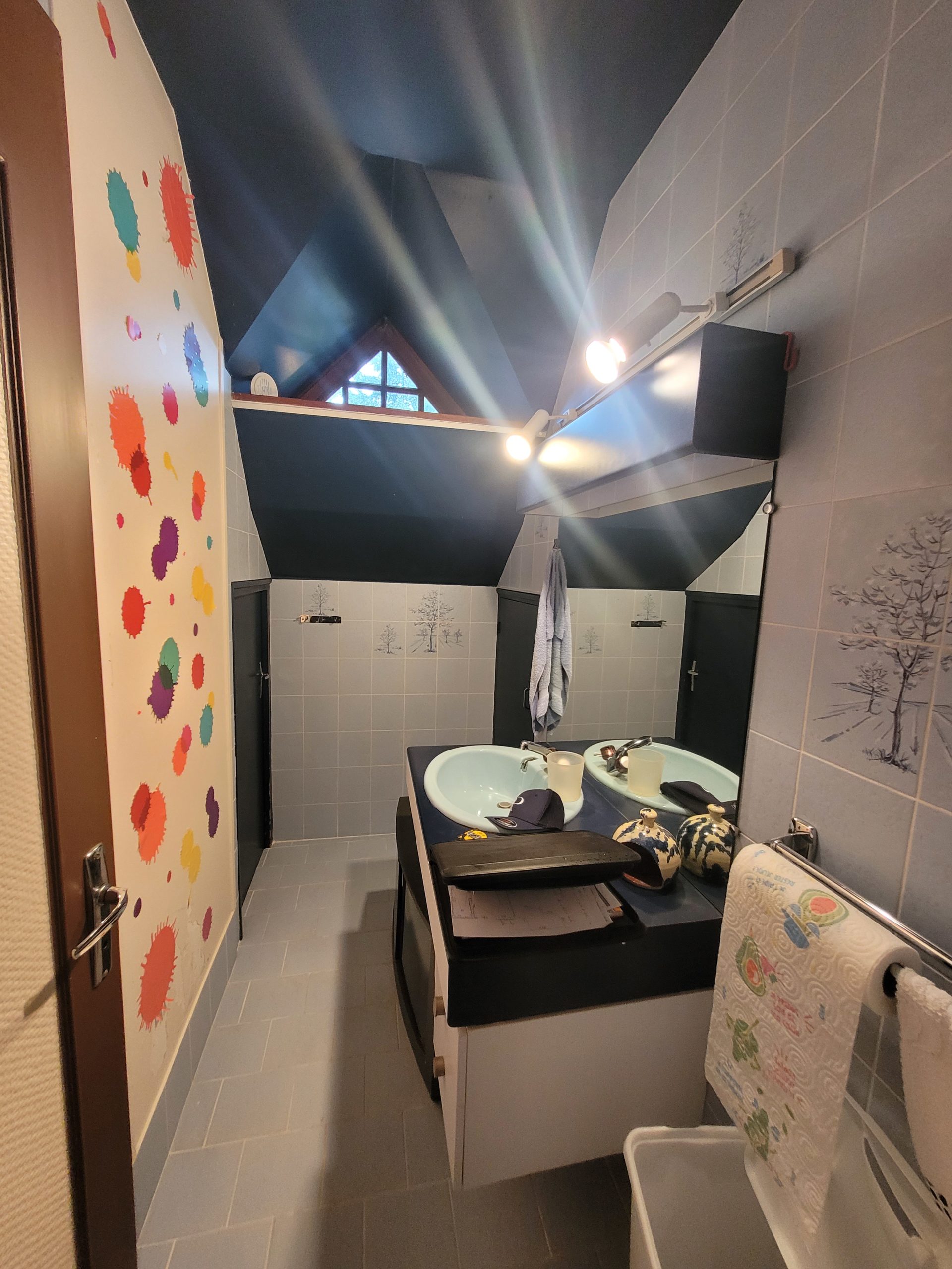 Photo d'une salle d'eau avant rénovation avec une grande hauteur sous plafond, meuble et un miroir