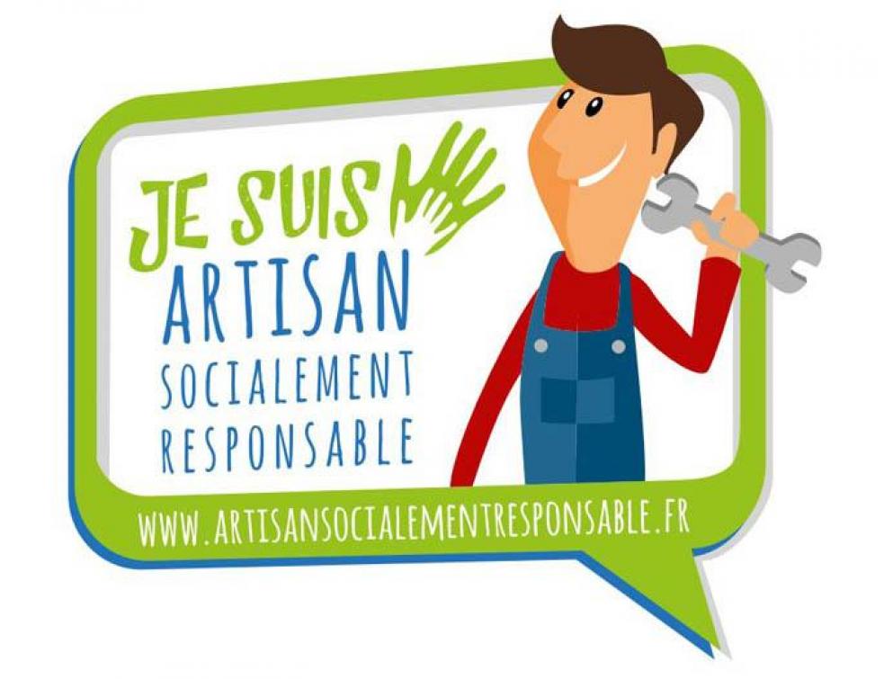 Logo artisan responsable écrit en bleu dans un écrito vert